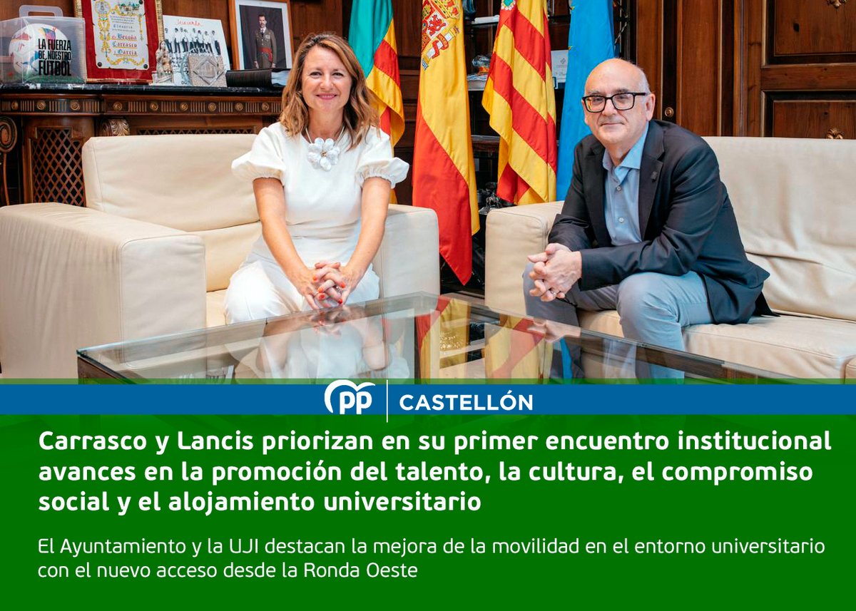 GrupoPopularCS's tweet photo. 🤝 La alcaldesa @begonacarrasco se reúne con el nuevo rector de la @UJIuniversitat, Jesús Lancis, para reforzar la colaboración entre Ayuntamiento y universidad, impulsando iniciativas como #CastellóConviu, Talent Emprenedor y nuevos programas formativos. https://t.co/MCzkpnfZaa