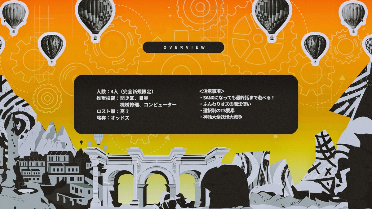 __fluffyCats__'s tweet photo. #ポットラックパーティー企画2026_新規

🔧クトゥルフ神話TRPG6版⚙️
「　ODD OZZ！　」

性癖☞人外×スチパン×ケモ×サイボーグ×魔女×ゲロイン×神話生物

半端者たちのスチームパンク・ファンタジーが今はじまる✨

ダイスじゃらじゃら！高戦闘4PLキャンペーンシナリオです👍

#オッドズ https://t.co/Kk8fHhU2ky