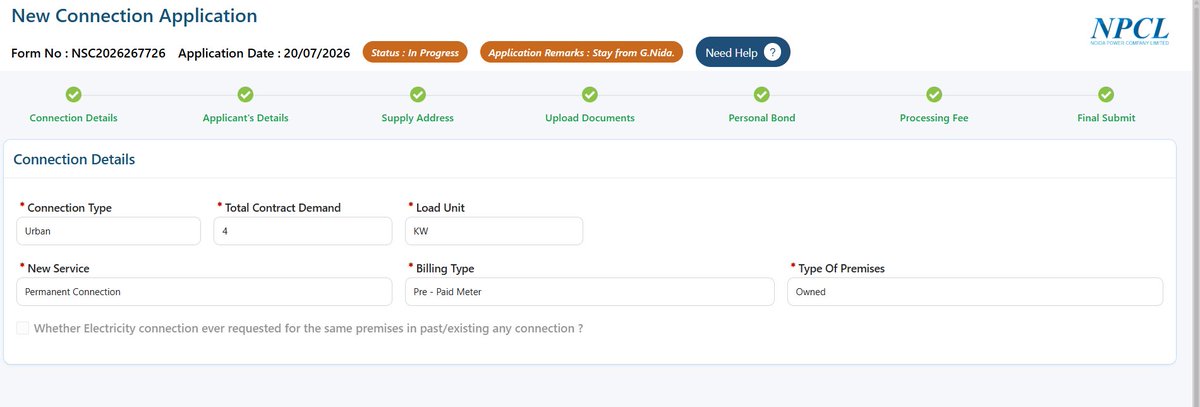 09mohit's tweet photo. @npclgrnoida 
@NPCLNoida I applied for a new electricity connection on 10 June 2026 (Form No. NSC2026267726). It is still showing “In Progress” with the remark “Stay from G. Noida,” while other applicants have been approved. Please check and provide an update. @UPPCLLKO https://t.co/Y11O9MBjdg