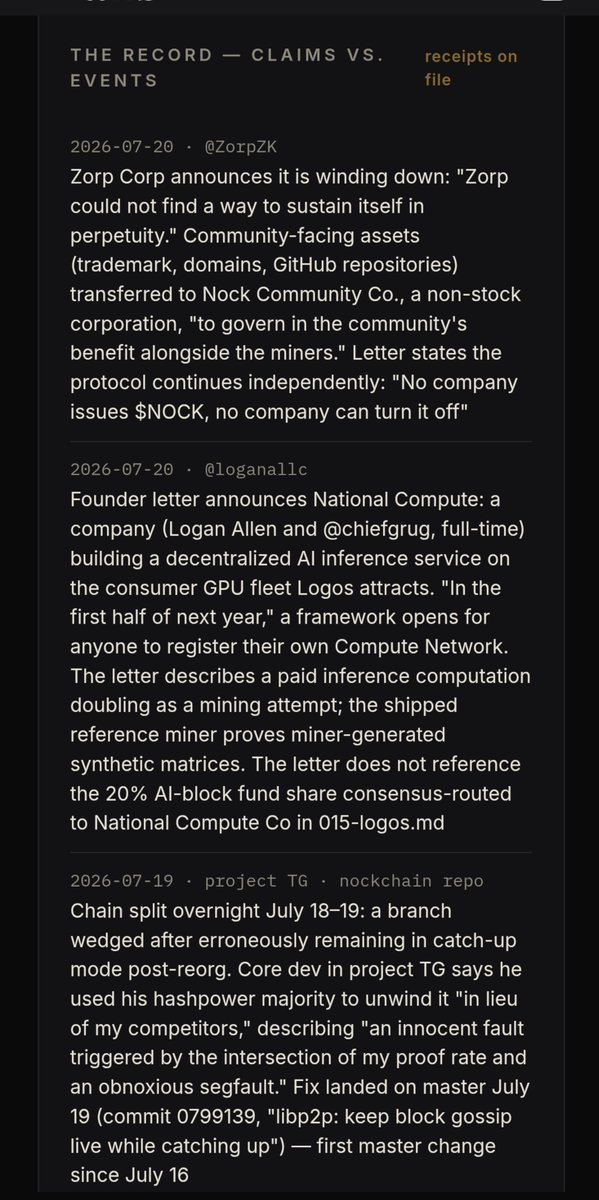Rpequ2322's tweet photo. The last 72 hours of $NOCK, as documented: chain split and fix, Zorp winding down, assets to a community corporation, National Compute announced, AI-PoW targeted for July 31. The Record on https://t.co/eb8QtxJN5M, receipts only, in order. https://t.co/EXYadNKA3r