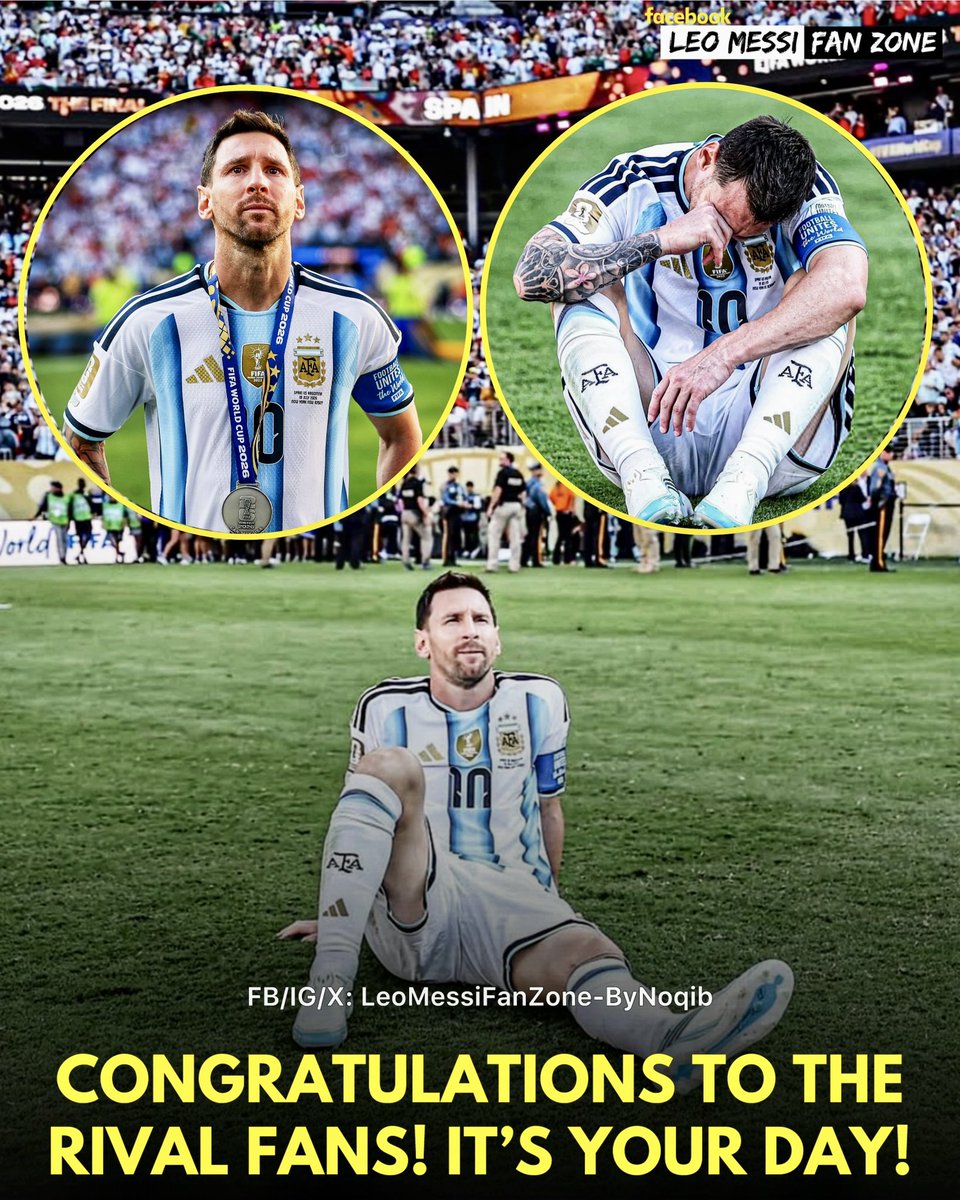 LeoMessiFanZone's tweet photo. Congratulations to the Brazil, Portugal, Real Madrid& Cristiano Ronaldo fans! 👏

Years of waiting finally gave you a reason to celebrate. Enjoy the moment-you've earned it.

But here's the irony. 😀

🇧🇷 The celebration didn't come from Brazil lifting the World Cup. 

🇵🇹 It didn't come from Portugal conquering the biggest stage. 

😂 It didn't come from Cristiano Ronaldo producing one last unforgettable masterpiece.

It came from Lionel Messi not winning. 🐐😳

Think about that for a second!

When someone else's defeat brings you more happiness than your own team's victories or your idol's achievements, it says more about the impact of that player than it ever does about the result itself. 👀

For nearly two decades, Lionel Messi has been the benchmark.

Every trophy he lifted, every record he broke, every magical perrormance became the standard everyone else measurea themselves against. 

Even now, one disappointing result from him can generate more emotion than years of success from others.

That's the definition of influence! 🔥💫

✅Legends are remembered for what they achieve.

✅Icons are remembered for how they make the world react-even when they don't win.

So celebrate. Football is about emotions, and every fan has that right.😀

Just remember: if your biggest footballing joy comes from watching one man fall short rather than watching your own heroes rise, you've already admitted how much he shaped the sport! 🇦🇷👑🤯

That's not glory.
That's rivalry.
Such is life.
