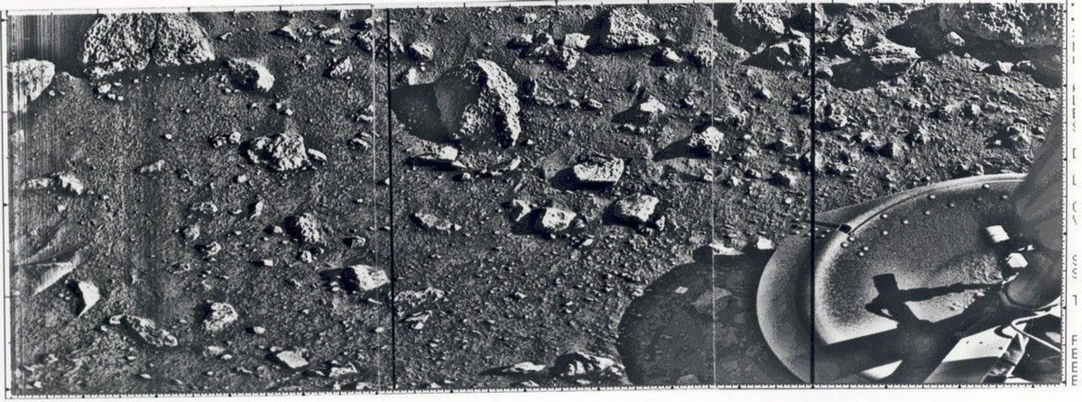 SETIInstitute's tweet photo. #PPOD: Viking 1 📷️ 

This is the first photograph ever taken on the surface of #Mars. It was obtained by NASA's #Viking1 minutes after the spacecraft landed on July 20, 1976, fifty years ago today. The lander touched down in western Chryse Planitia ("Golden Plain") at 22.697°N 312.05°E and operated until November 11, 1982.

Credit: @NASA @NASAJPL @Caltech 

#planetaryscience