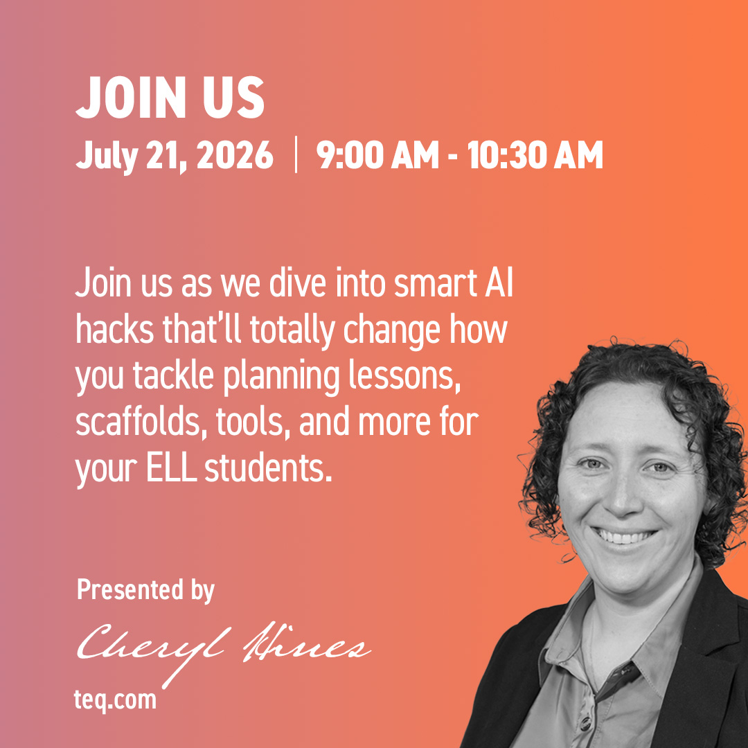 OTIS4educators's tweet photo. Revamp your ELL instruction with AI! Join Teq’s virtual summer PD session on 7/21 at 9AM EDT to delve into smart AI hacks. Boost student engagement and learn how this next-gen tech supports every language learner. Register here: https://t.co/eBlNdL5Bfl #AI #ELL #edchat #otispd https://t.co/YFxpFOl5N1
