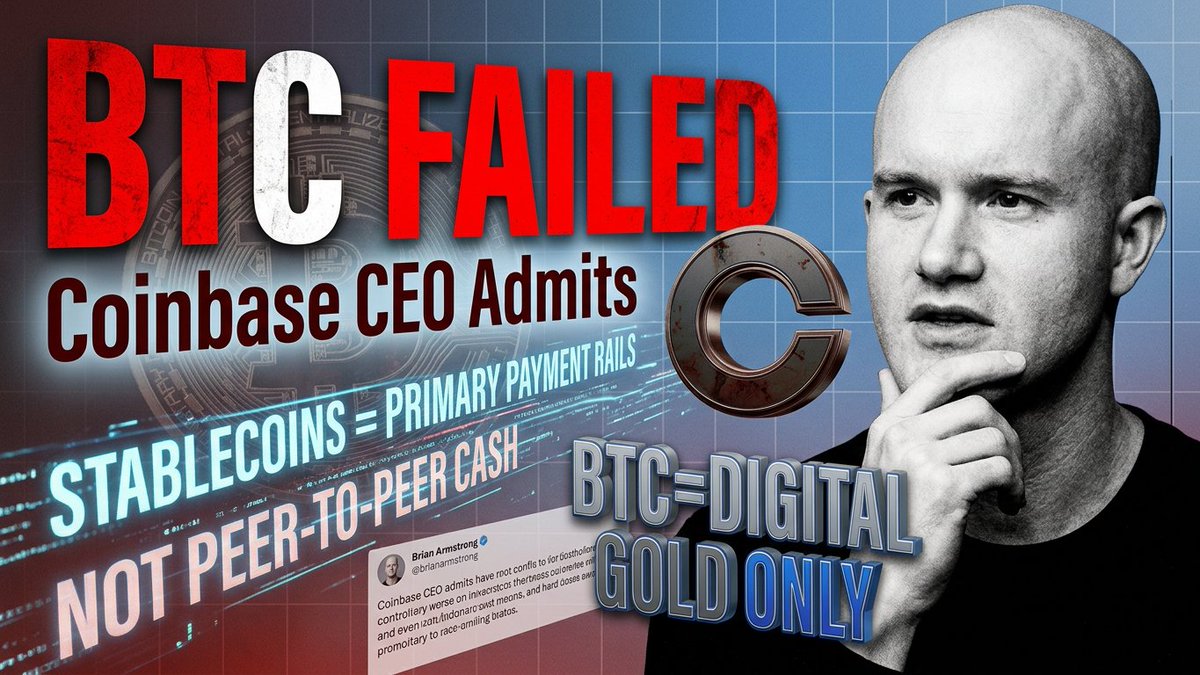 DBCrypt0's tweet photo. Coinbase's CEO just admitted Bitcoin failed at the one job it was built for

The same thing many of us have been saying for years

He calls BTC "digital gold” NOT the peer-to-peer cash Satoshi described

Says stablecoins will be the primary payment rails https://t.co/9Rt5potgFj