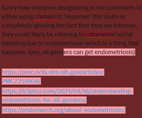 1tsmycandystore's tweet photo. funny how everyone disagreeing in the comments is either using chatgpt to "disprove" this claim or completely ignoring the fact that they are intersex..
https://t.co/uTY01EYqNQ
https://t.co/PvqmpkqFNX
https://t.co/j91MyRZmym https://t.co/mtVGmmDlK6