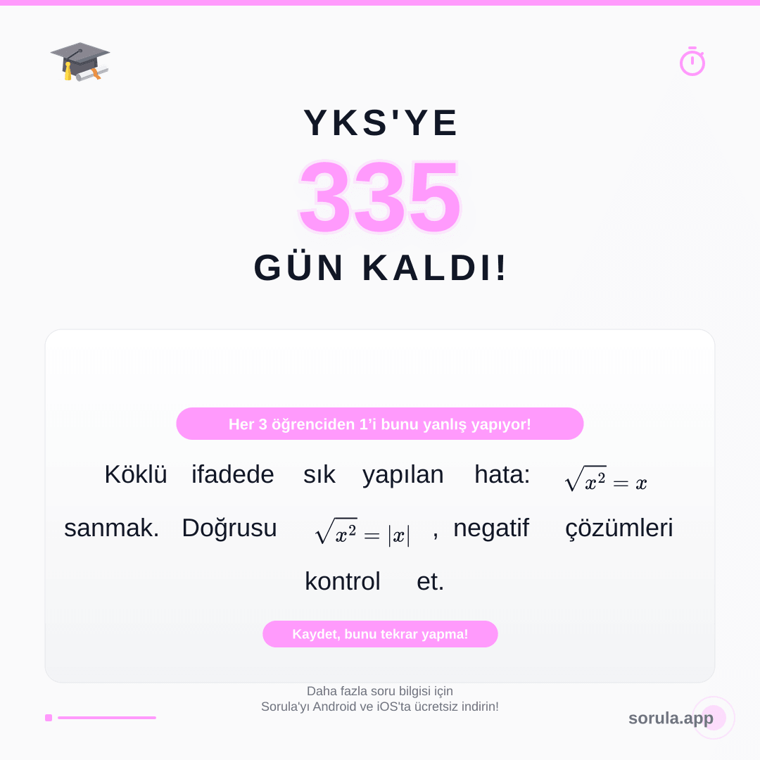 SorulaTest's tweet photo. Karekökteki basit ama net kaybettiren hata!
#YKS, #TYT, #AYT, #matematik, #karekök, #mutlakdeğer, #sınavtaktikleri, #net, #çözüm, #puan https://t.co/JrZW9sKQku