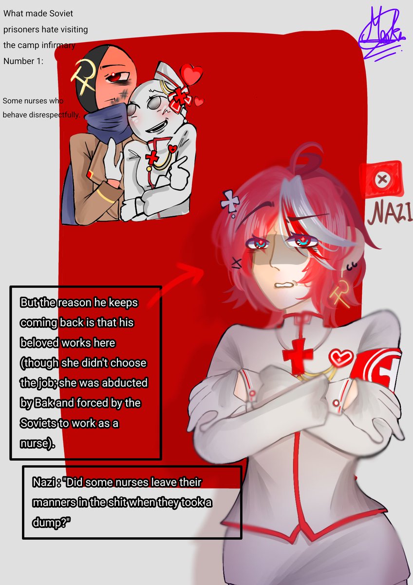 mookui45_sxn's tweet photo. Soviet: That’s exactly why I had to come—because the nurse is so beautiful (sassy, sexy, and hot as hell).
Nazi: "Shut your trap, you animal! "
#countryhumans
#countryhumansthirdreich
#countryhumansnazi
#nazi
#Thirdreich
#ussr
#sovite https://t.co/tqPLVaNOb9
