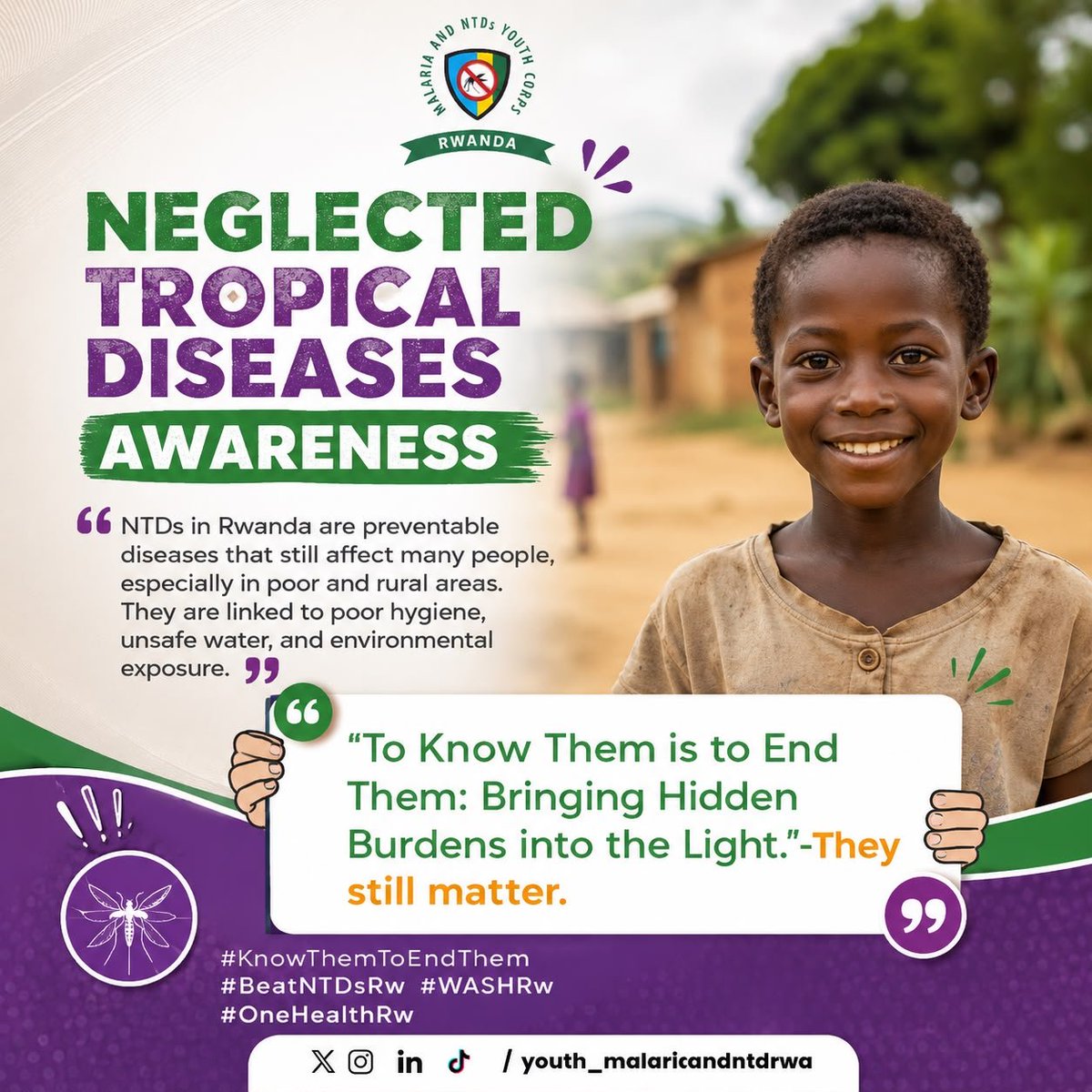 MalariaNTDcorps's tweet photo. Join the movement against Neglected Tropical Diseases in Rwanda! These preventable conditions impact vulnerable rural communities.
By educating ourselves, we can bring hidden burdens into the light.
#KnowThemToEndThem
#BeatNTDsRw #WASHRw
#OneHealthRw @TheENDFund
@Knooliet https://t.co/n0RNaOh5At