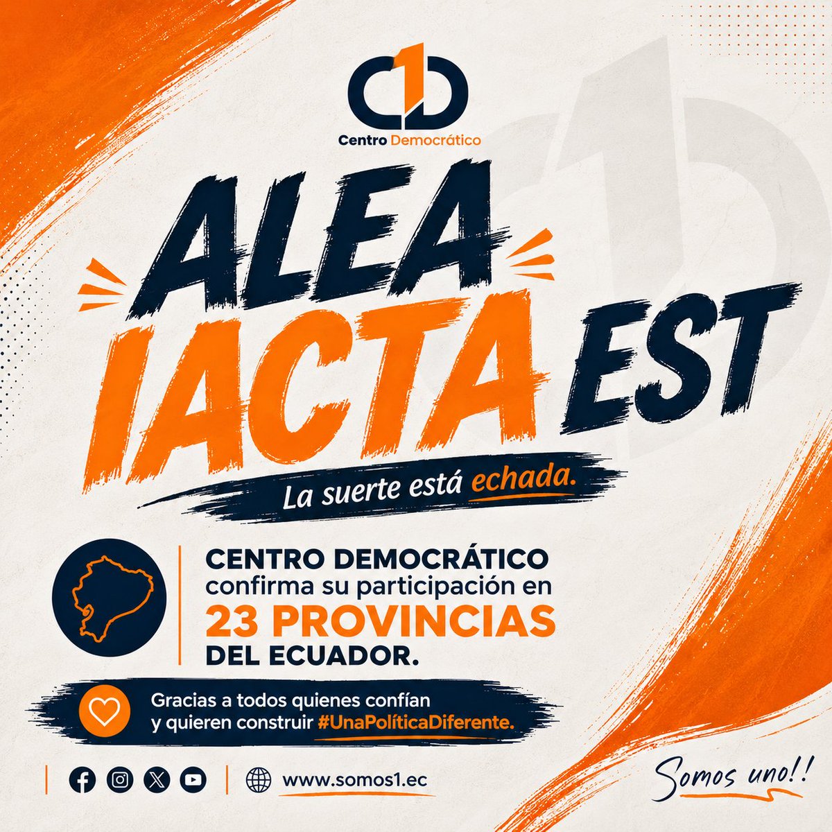 somos1ec's tweet photo. Centro Democrático confirma su participación en 23 provincias del Ecuador. Detrás de este paso hay trabajo y territorio de personas que creen que otra forma de hacer política es posible.

Gracias a quienes confían, se suman y quieren construir con nosotros #UnaPolíticaDiferente. https://t.co/0GrLxTO55R