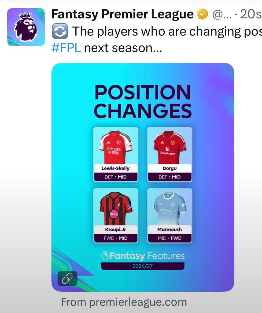 fplhen's tweet photo. For those who missed.

@OfficialFPL Accidentally leaked 4 position changes:

Kroupi Jr -> Mid
Lewis-Skelly -> Mid
Marmoush -> Forward
Dorgu -> Mid

The post has since been deleted. https://t.co/uezg2mC7uW