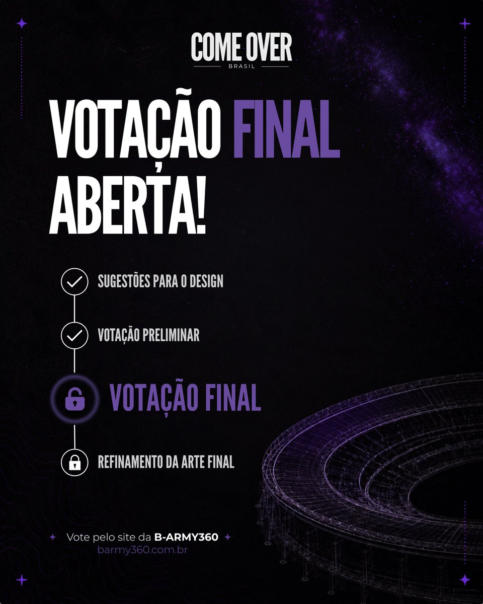 ComeOverBrasil's tweet photo. 🚨ARMYs🚨

A primeira fase da votação foi encerrada e já estamos iniciando a votação final!

⚠️ LEIAM COM ATENÇÃO:

Selecionamos as 3 artes mais votadas. As propostas que ficaram em 2º e 3º lugar eram muito parecidas e receberam diversas críticas relacionadas ao uso da frase "We Stay". Como muitas pessoas sugeriram ajustes, decidimos unir os dois conceitos: mantivemos o símbolo do BTS de uma das versões e a frase "We Stayed" da outra, criando uma única arte para a etapa final.

🚨| Também gostaríamos de destacar alguns pontos importantes sobre a arte mais votada por vocês. Por se tratar de uma frase maior e mais complexa, existem alguns desafios na execução de um mosaico desse porte:

⚠️| A leitura da frase pode ficar mais difícil à distância, tanto para o BTS quanto para as câmeras.

⚠️| Os membros precisariam percorrer visualmente uma área maior da arquibancada para conectar e compreender toda a mensagem.

⚠️| O custo de produção seria significativamente mais alto devido à quantidade de papéis necessários.

⚠️| A aprovação da Live Nation pode se tornar mais difícil, já que a execução exigiria um número maior de voluntários.

Mesmo com esses desafios, a frase foi a mais votada pela fandom e, por isso, continua na disputa. Caso seja a vencedora da votação final, é importante que todos estejam cientes desses possíveis obstáculos.

A votação final já está aberta! Desta vez, cada pessoa poderá votar em apenas uma arte. A votação ficará disponível até o dia 24/07, às 23h59.

🔗Link: https://t.co/giXk5JMzeA