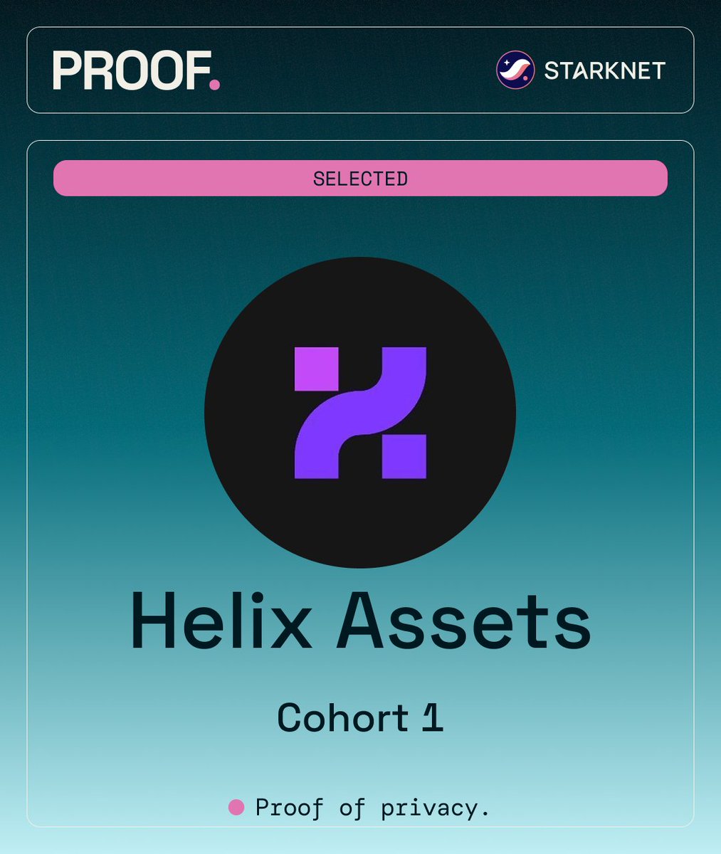 StarknetFndn's tweet photo. Helix Assets: @HelixAssets

Institutional-grade private liquid staking.

Built on Starknet’s proving stack, STRK20 keeps positions private while keyless ZK proofs verify they meet compliance requirements, minimum thresholds and mandate limits. https://t.co/cFCVwjJjto