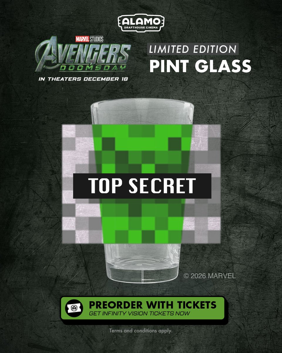 drafthouse's tweet photo. Don't miss our exclusive AVENGERS: DOOMSDAY pint glass. Details of exactly which heroes and villains are on the glass are highly confidential, but trust us, you’ll want to add this pint to your ticket while supplies last. Pre-order with 🎟️: https://t.co/58PiSwF4et. https://t.co/gCz3cRwovI