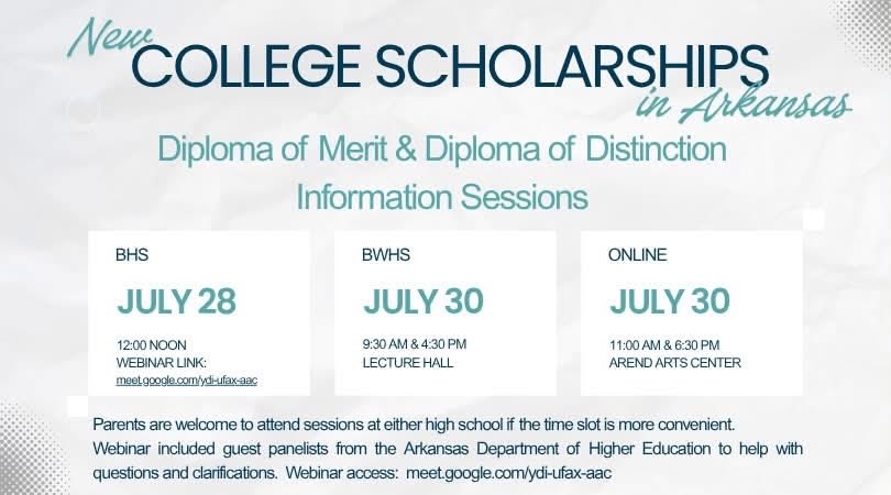 BWHS_Wolverines's tweet photo. Learn About New Arkansas Scholarships for $1,000-$40,000

Parents of any high school students are welcome to join us and learn more about new Arkansas Scholarship opportunities.  See graphics for event options online or in person. https://t.co/22TAF1DeXY