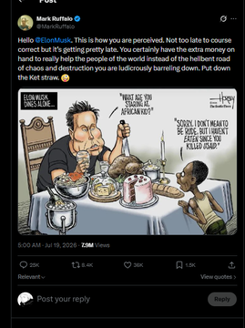 themasterritzz's tweet photo. I have not seen this viral of a post of Elon in so long.  

This guy is directly calling out Elon, and HE ALREADY HAS 7 MILLION VIEWS 
 
 Pretty much the photo is a r etarded version of Elon eating food  

The chance that elon reacts to this is HIGH  Look at the engagement on this. 

It's only going more viral.

https://t.co/AMbKCrXI8j