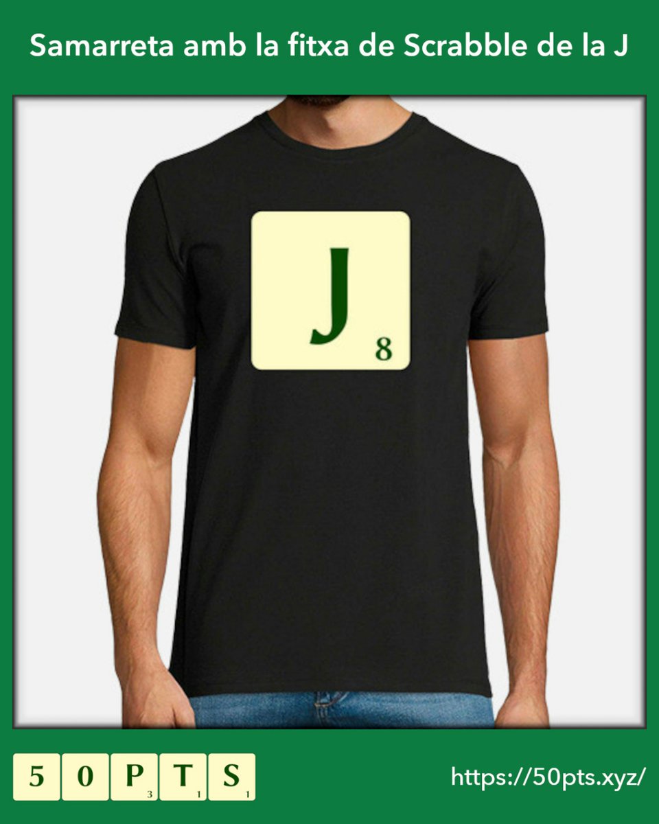 50pts_cat's tweet photo. Samarreta amb la fitxa de Scrabble de la J

¿Et faria il·lusió tenir-la? Passa pel nostre web i trobaràs totes les nostres samarretes inspirades en l'#ScrabbleEnCatalà. N'hi ha amb totes les fitxes de l'#ScrabbleCAT i en 18 colors diversos. També per a dones. https://t.co/CkncSG2wNH