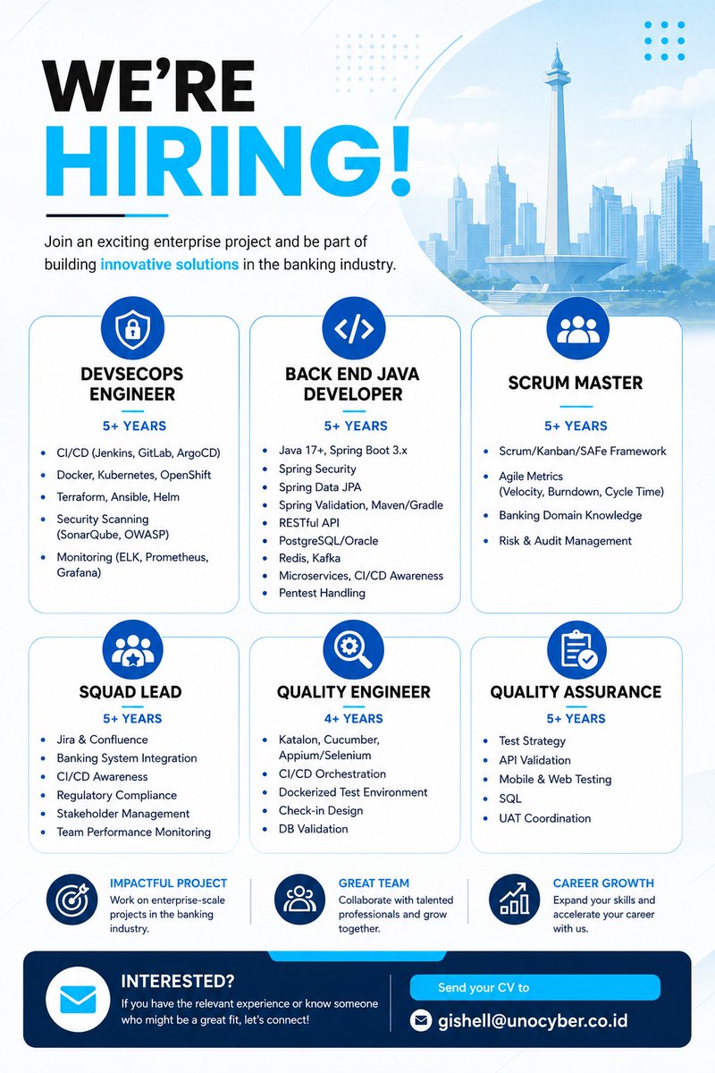 Itsharen's tweet photo. 🚀 WE'RE HIRING | Enterprise Banking Project

Join our team and be part of a large-scale enterprise banking project! We're looking for passionate professionals to fill the positions.

📍 Location: Jakarta
📅 Employment Type: Long-Term Contract https://t.co/poPLloPb93