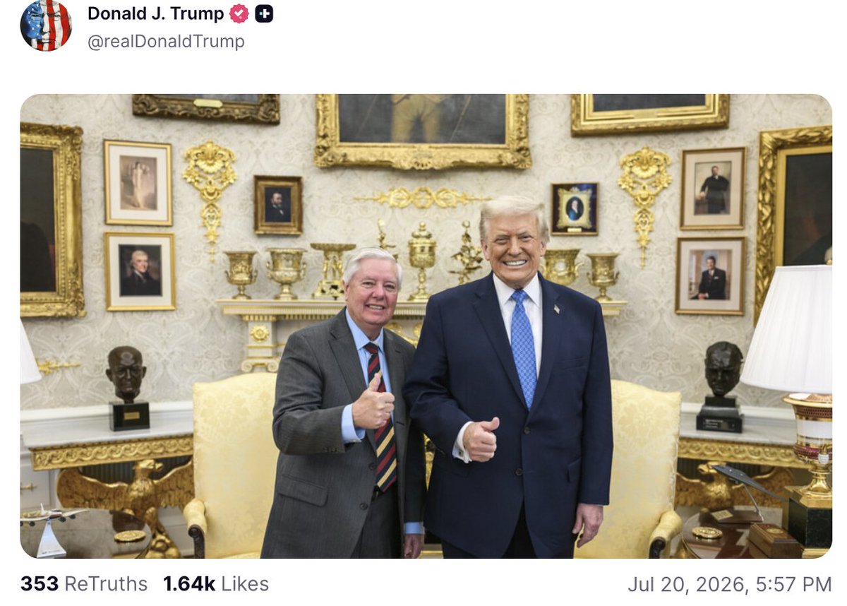 Trump posts eerie-looking AI image of himself and late Lindsey Graham  giving a thumbs-up on Truth Social