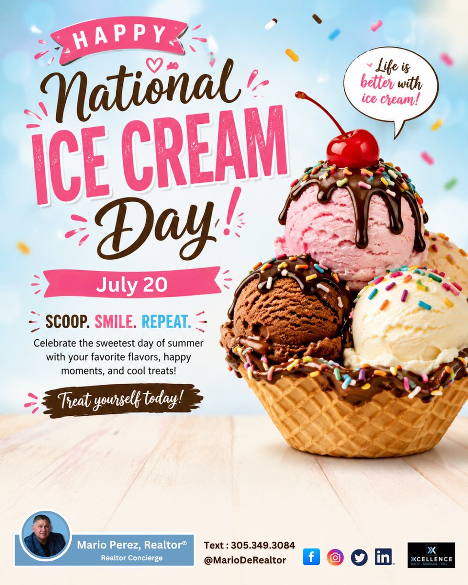 MarioDeRealtor's tweet photo. ๐ฆ Happy National Ice Cream Day! ๐จโจ
#NationalIceCreamDay #IceCreamLover #SweetTreats #SummerVibes #DessertTime #IceCreamTime #TreatYourself #CelebrateLife #SweetMoments #FrozenDelights #FoodieFun #WeekendTreat #MiamiLifestyle #RealtorLife #MarioPerezRealtor https://t.co/kWAcFFOy8t