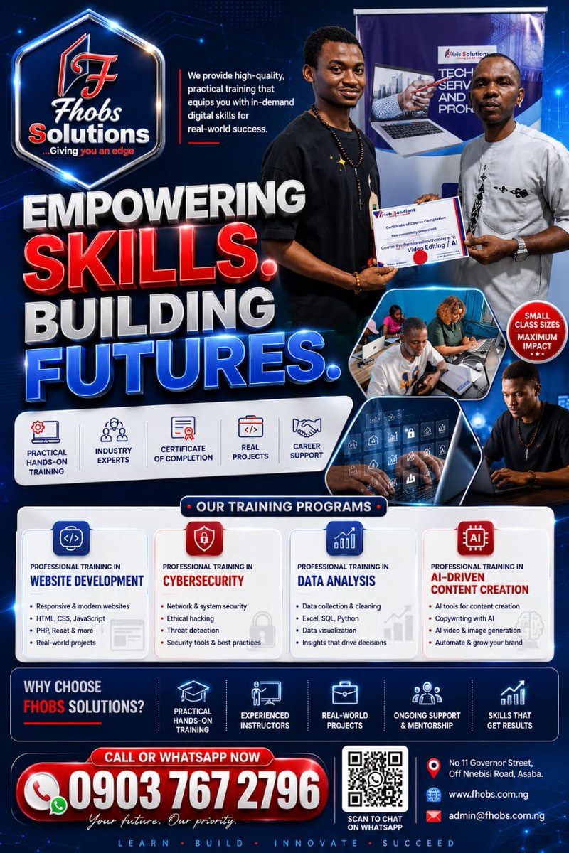 FhobsS's tweet photo. Transform your potential into expertise and thrive in the digital age.
At Fhobs Solutions, we equip learners with the skills, knowledge, and confidence needed to thrive in today's digital world.
Call/WhatsApp: 09037672796
#AITraining #TechSkills #DigitalSkills #FhobsSolutions https://t.co/RXYsNaoFZY
