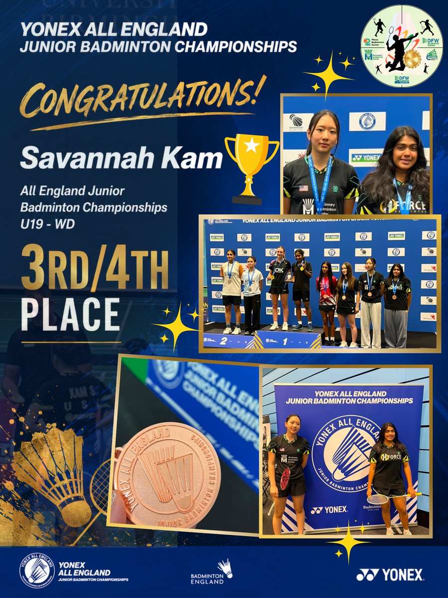 trainingatcbc's tweet photo. Podium-bound on the world stage! 🥉🏸✨

What an incredible milestone! Huge congratulations to Savannah Kam for taking home 3rd/4th Place in U19 Women’s Doubles (WD) at the prestigious YONEX All England Junior Badminton Championships! 🏆🔥 https://t.co/HP4Q103kkQ