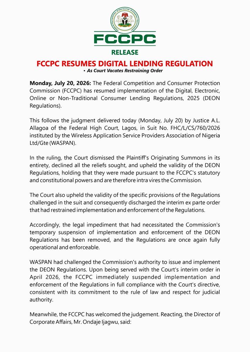 fccpcnigeria's tweet photo. FCCPC  Resumes Digital Lending Regulation 
* As Court Vacates Restraining Order
 
The Federal Competition and Consumer Protection Commission (FCCPC) has resumed implementation of the Digital, Electronic, Online or Non-Traditional Consumer Lending Regulations, 2025 https://t.co/MXVjB7rhep