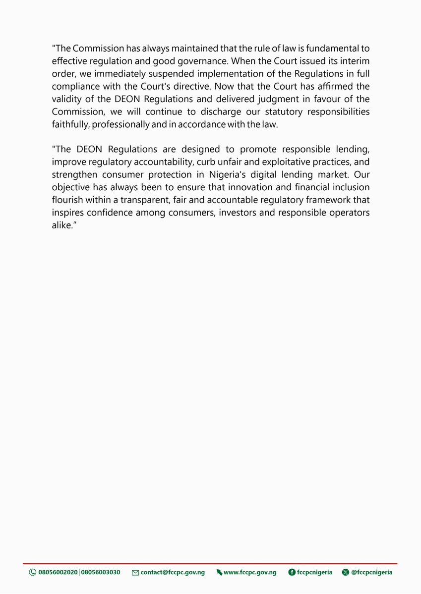 fccpcnigeria's tweet photo. FCCPC  Resumes Digital Lending Regulation 
* As Court Vacates Restraining Order
 
The Federal Competition and Consumer Protection Commission (FCCPC) has resumed implementation of the Digital, Electronic, Online or Non-Traditional Consumer Lending Regulations, 2025 https://t.co/MXVjB7rhep