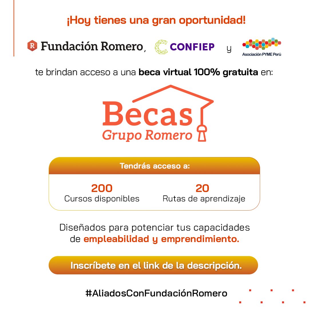 CONFIEP's tweet photo. 📢¿Tienes una MYPE o estás emprendiendo? Esta es tu oportunidad.

Accede  a una beca virtual 100 % gratuita para fortalecer tus capacidades y potenciar el crecimiento de tu negocio.

✅200 cursos online
✅20 rutas de aprendizaje
✅Capacitación en empleabilidad y emprendimiento

Seguimos impulsando más oportunidades para el desarrollo y la productividad de las MYPE peruanas.

@RomeroFundacion 
@PYME_Peru  

Más información 👉https://t.co/y2H6SMy3SE