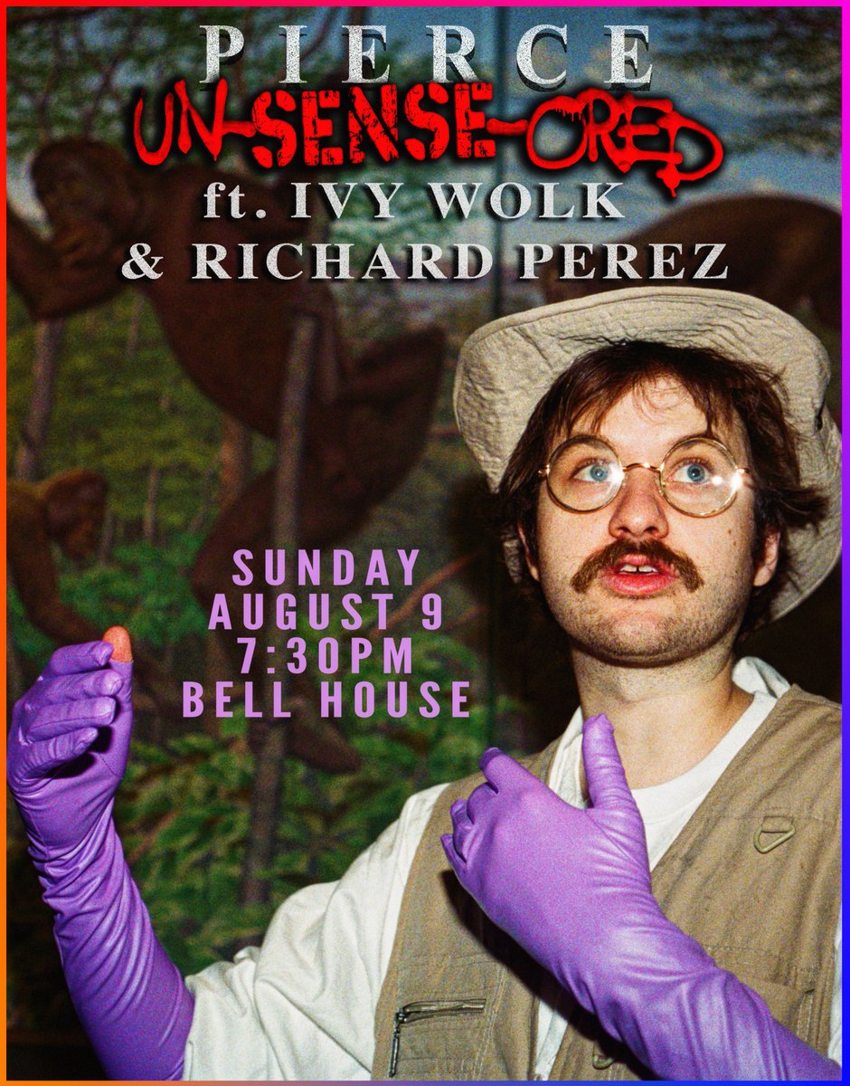 BellHouseNY's tweet photo. SUN 8/9: PIERCE: UN-SENSE-ORED LIVE!
Each of your four senses will finally be unclogged and capable of using a secret human ability. From @cringe_genius, friend of @podaboutlist, director of "Virtual Prison," and creator of Frog Unlocked!

🎟: https://t.co/v188bYMhz7 https://t.co/lAYaLlkSBX
