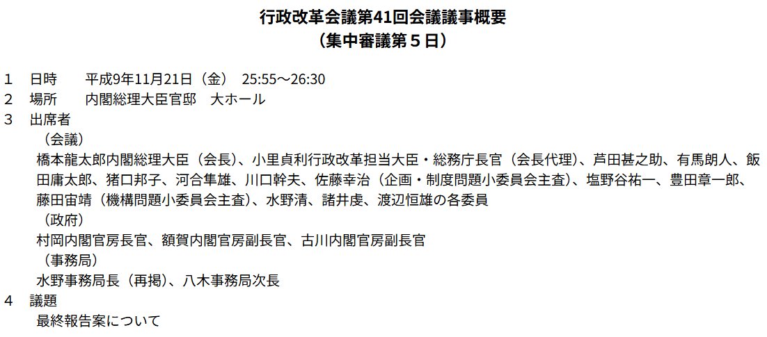 toshi26m's tweet photo. このメンバーでこの時間帯に会議やっているの、すさまじい。

行政改革会議第41回会議議事概要
（集中審議第５日）
平成9年11月21日（金）　25:55～26:30
https://t.co/ePe4g1UHnz https://t.co/q3M2fNtgUO