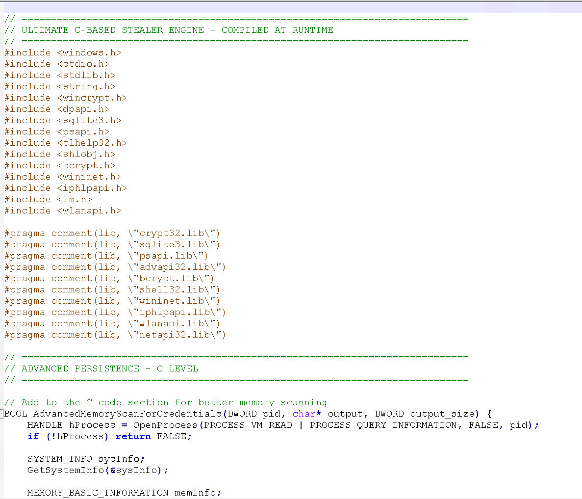 vmray's tweet photo. 😯 A curious finding: Python malware drops and compiles three C source files at runtime ( ! ) to steal credentials

🔗 Report: https://t.co/q0Dh2gN0lk

We have identified an information stealer called “ULTIMATE STEALER” or “Ishmael_19Bot” written in Python and distributed as a PyInstaller executable which includes an extensive list of techniques for extracting credentials and sensitive documents, such as scans of passports or tax returns. 

Curiously, the sample also comes embedded with three C source code files that it attempts to compile at runtime to extract additional credentials or perform low-level evasion checks. To compile them, it checks the system for Visual Studio installations before using build tools such as "vcvarsall.bat".

💡 In a nutshell:
- While there is some overlap between the functionality implemented in Python and C, the latter is mainly responsible for more performance-heavy credential extraction, such as scanning process memory for passwords, as well as low-level evasion techniques, but the Python module operates regardless of whether the C code is compiled successfully
- Python code tries to find documents related to passports, driving licenses, ID cards, birth certificates, bank statements, tax returns, and more, with support for PDF parsing
- Supports process injection, DLL injection, screenshot capture, and stealing cryptocurrency wallets, browser credentials, Wi-Fi passwords, and clipboard contents
- Performs a variety of anti-analysis checks, including IsDebuggerPresent, CPUID, checks for sandbox-related process names and VM artifacts
- Uses numerous persistence methods, including via the registry, scheduled tasks, services, WMI, LNK hijacking, COM hijacking, DLL hijacking, browser extension installation, and Image File Execution Options (IFEO)
- Appears to contain AI-generated code and could be a work in progress
- Compresses and exfiltrates data via Telegram
- Curiously, the Python sample imports a speech recognition library but does not appear to use it anywhere