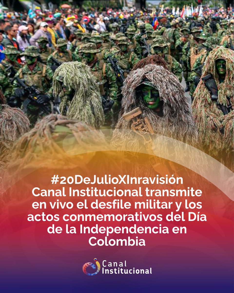 InstitucionalTV's tweet photo. 🇨🇴🪖 #20deJulioXInravisión | Conéctate con Canal Institucional a nuestra transmisión del desfile militar y la jornada del Día de la Independencia en Colombia. Estamos en vivo por nuestra pantalla, nuestro streaming y nuestro canal de YouTube.

🔵 https://t.co/NXgnQwA1c8
🔵 https://t.co/wO6JIIjaqr