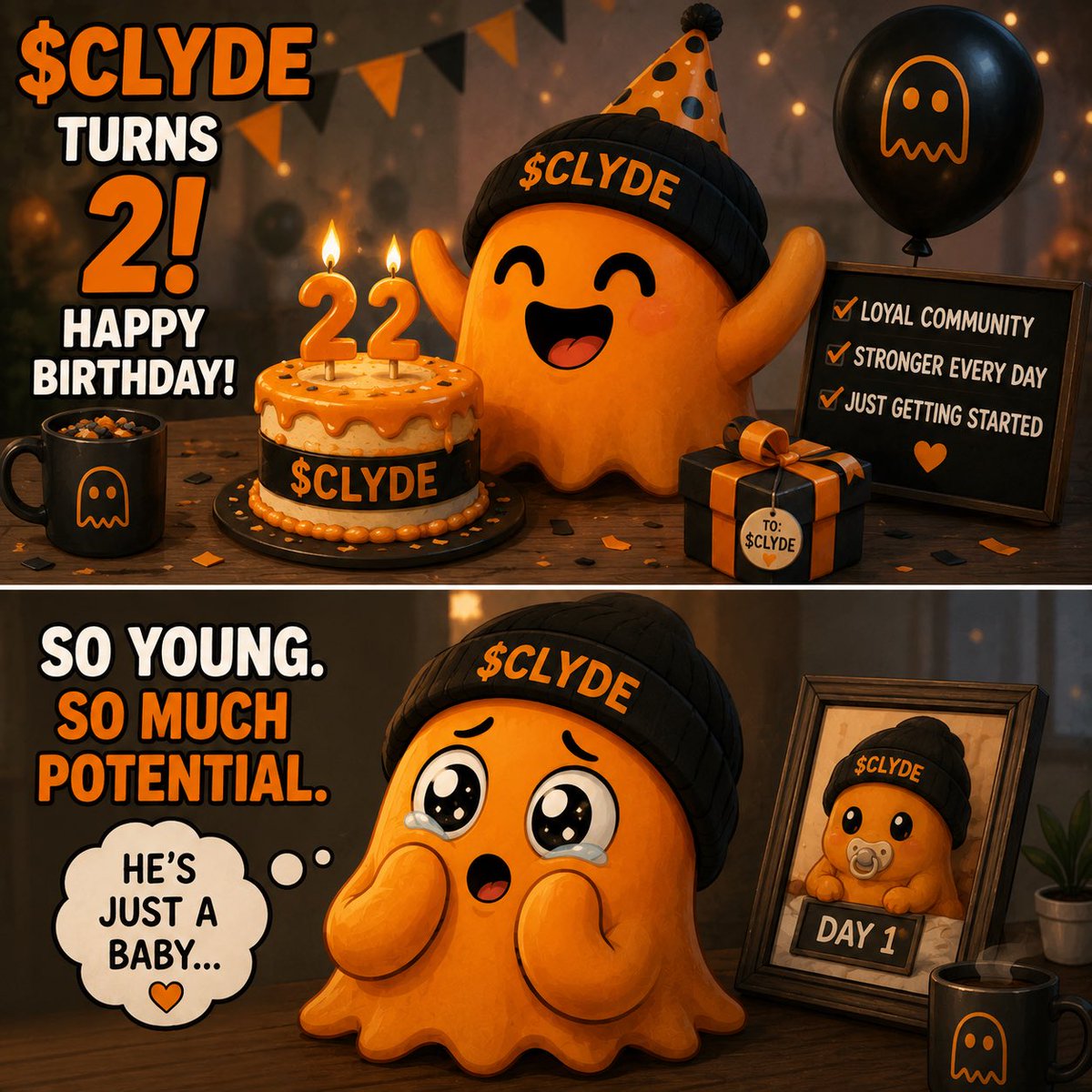 ClydeGuzutaArmy's tweet photo. 🎉👻 Happy 2nd Birthday, $CLYDE ! 🧡

Only 2 years old… 👶

And people already expect a blue-chip. 😂📈

Still early.
Still building. 🚀

Happy Birthday, little ghost! 🎂👻 https://t.co/yaZF5oU3RO