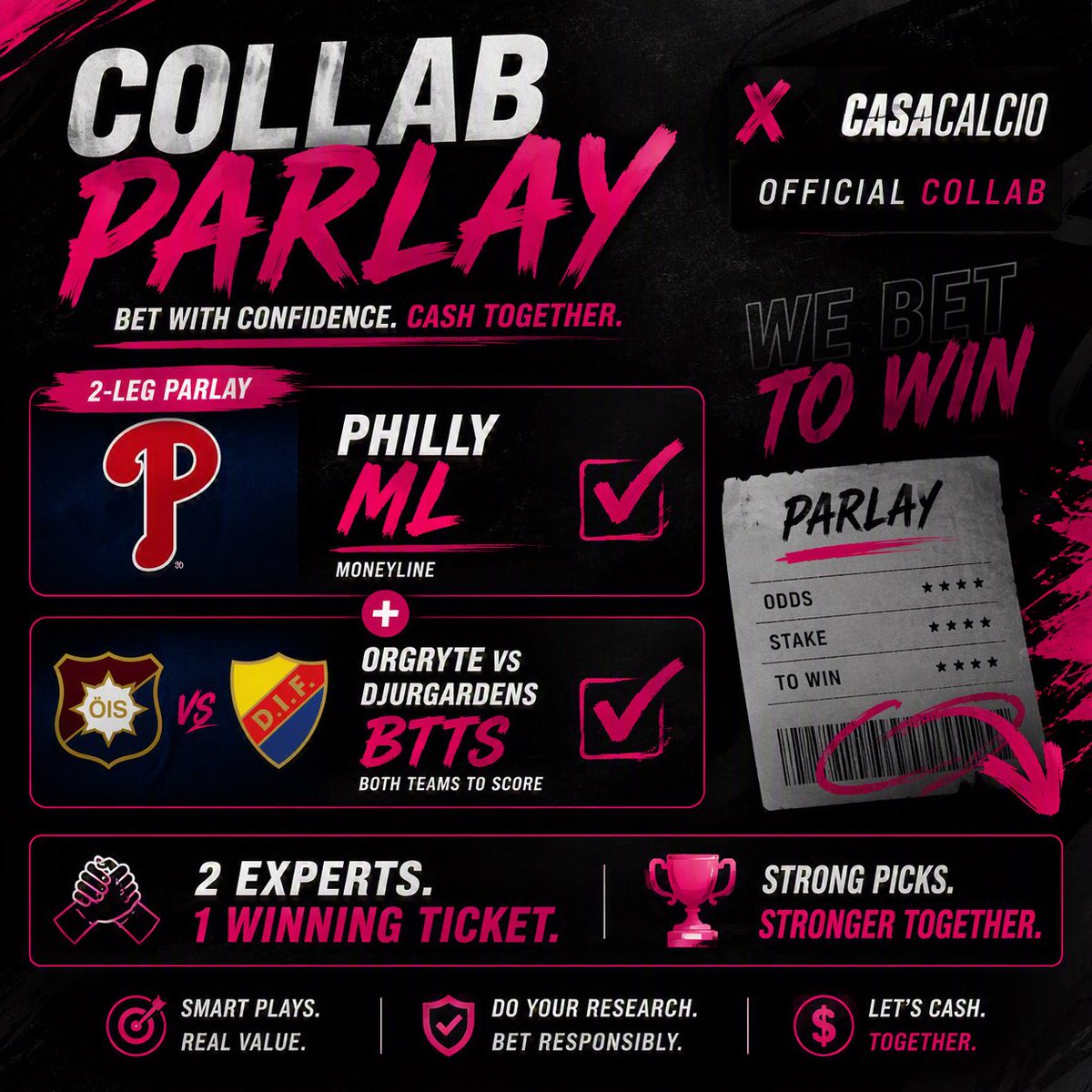 LakhwaniTiffany's tweet photo. 🤝🏼COLLAB PARLAY with @CasaCalcio

⚽️ Örgryte vs Djurgårdens: Both Teams To Score (BTTS)

🔥Check out a special video analysis using the link https://t.co/jfPNfDsYAM

⚾️ MLB Best Bet: Phillies ML

Let’s cash💰🍀

#MLB #BaseballBets #SoccerBets #BTTS #SportsBetting https://t.co/LTY8dbB8Ju