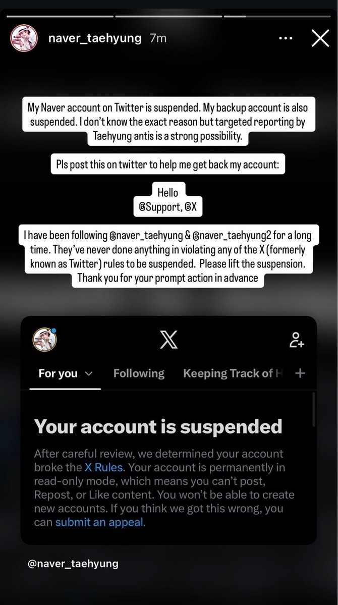 THV1230_BORAHAE's tweet photo. Hello @Support, @X
 
I have been following @naver_taehyung &amp; @naver_taehyung2 for a long time. They’ve never done anything in violating any of the X (formerly known as Twitter) rules to be suspended. Please lift the suspension. 

Thank you for your prompt action in advance. https://t.co/Iwn1fwp8U6