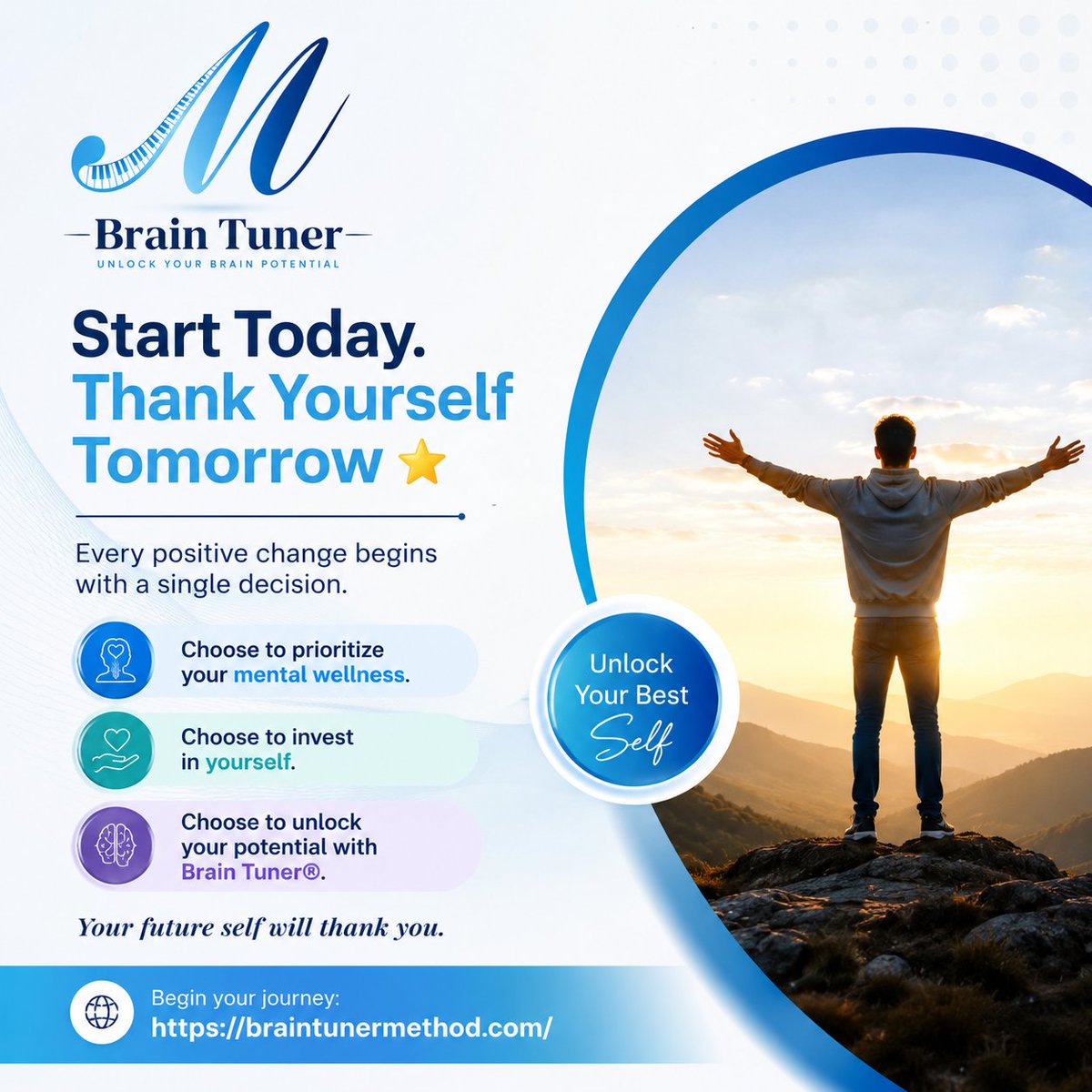 BrainTuneMethod's tweet photo. 🌟 Start today. Thank yourself tomorrow.

Every positive change begins with one decision. Prioritize your mental wellness, invest in yourself, and unlock your potential with Brain Tuner®.

Begin your journey 👇
https://t.co/HWr7KTc3ka

#MentalWellness #PersonalGrowth #Mindset https://t.co/W0GTyQhdDD