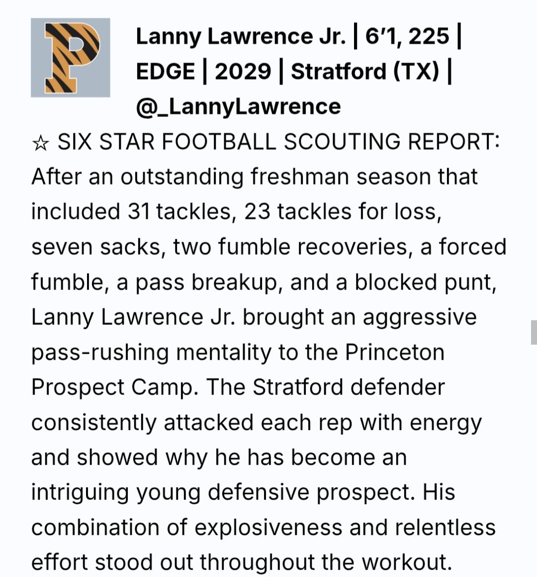 _LannyLawrence's tweet photo. @sixstarfootball @jackarndt_12 @JesseAzar4 @LuqmanBaigQB @ben_baker2028 Honored for the write up @sixstarfootball. Thanks again for the opportunity @PrincetonFTBL.

@StratfordFB1 https://t.co/qFcg0n0Ir9