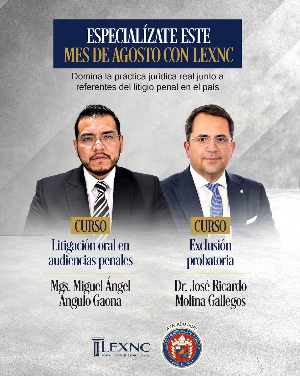 LEXNCFormacion's tweet photo. La teoría no es suficiente para ganar en tribunales. En el mes de agosto, capacítate con profesionales activos que lideran la defensa penal y la resolución de conflictos en el Ecuador.

⚖️ Cursos especializados avalados por el Colegio de Abogados de Pichincha.

#LEXNC #Litigio https://t.co/OWslmyGcz9