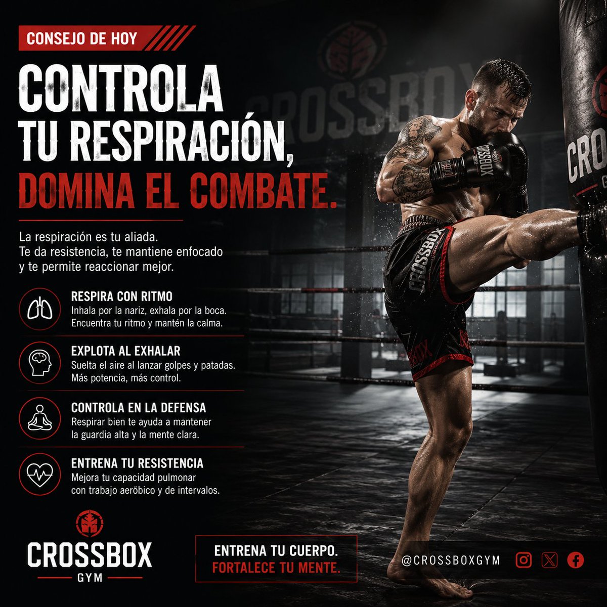 crossboxgym's tweet photo. 🥊 La respiración puede decidir un combate.

Respira al golpear, mantén la calma bajo presión y conserva tu energía para cada asalto.

Los detalles marcan la diferencia entre resistir...y dominar.

💨 Entrena tu técnica.
🛡️ Controla tu respiración.
⚡ Mejora tu rendimiento. https://t.co/v7HchMopeO
