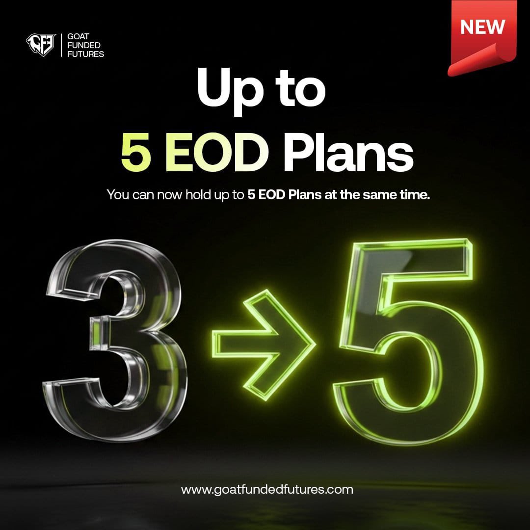TrustedPropHub's tweet photo. 🚨 @GFFutures just made scaling easier.

Traders can now hold up to 5 active EOD Plans instead of 3.

More accounts. More capital. More opportunities.

If you've been waiting to scale your futures trading, this update removes another limitation. 🐐 https://t.co/E2D0JtidNn