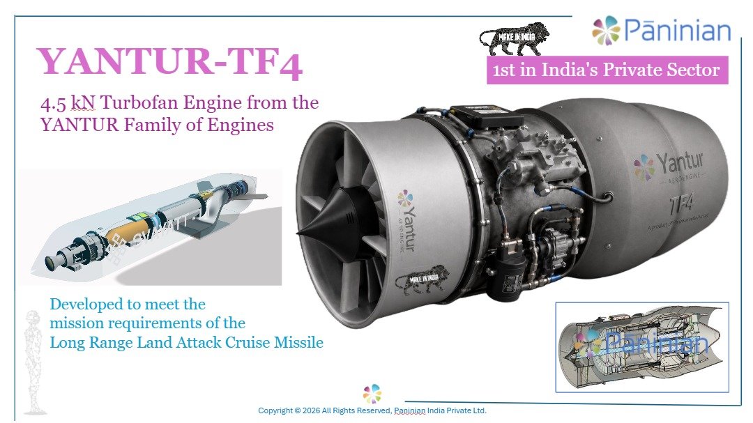 TheDCIndia's tweet photo. 🚨 Paninian Launches India’s First Private Compact Turbofan Engine

Paninian has unveiled the Yantur 4.5 kN Turbofan Engine Programme, believed to be India’s first privately developed compact turbofan engine in its class.

The engine is being developed to power the company’s Svayatt L1 long-range autonomous cruise missile under the Indian MoD’s Make-I programme for the Long-Range Land Attack Cruise Missile (LRLACM).

#Paninian #Yantur #Turbofan #LRLACM #AatmanirbharBharat #DefenceInnovation