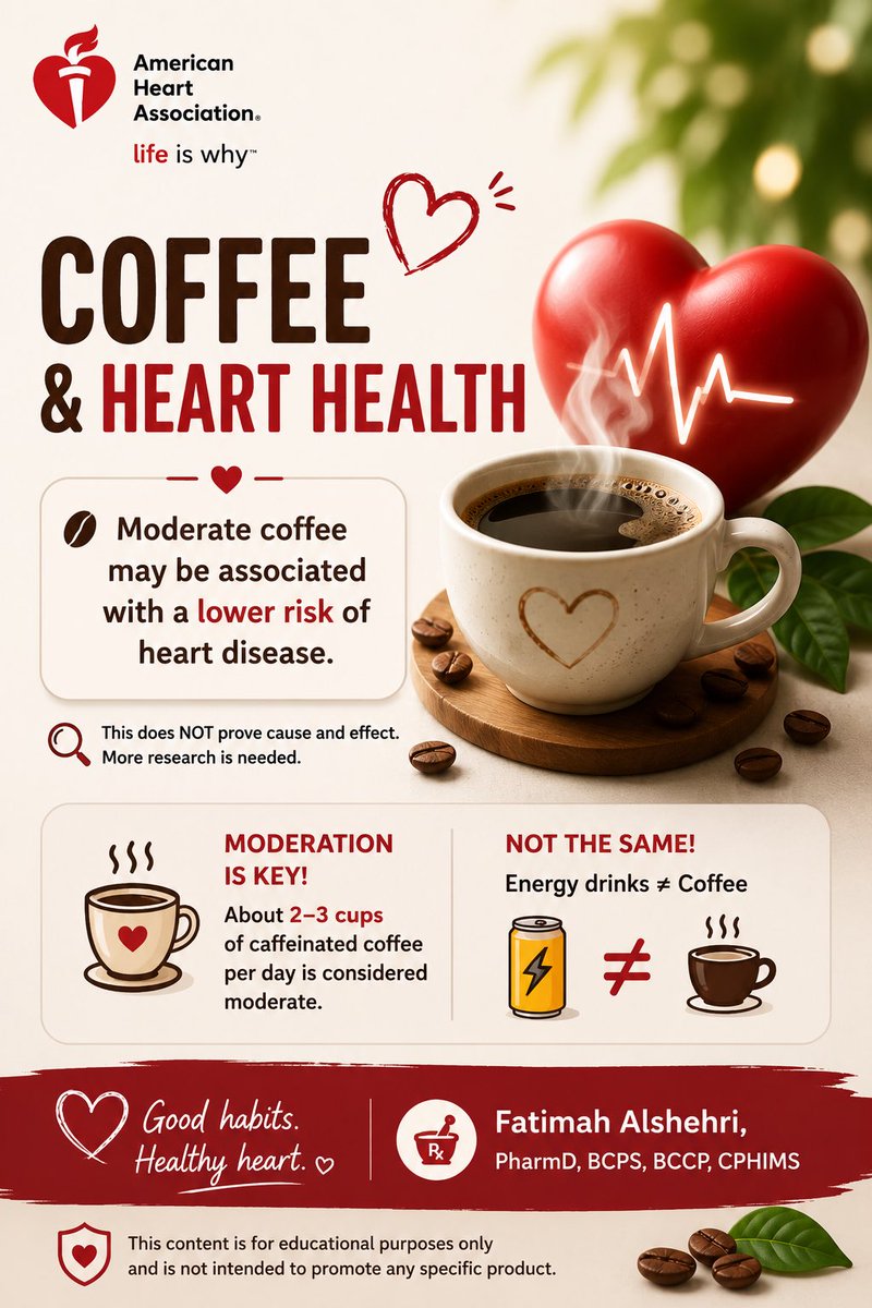 Banitoto's tweet photo. نشرت جمعية القلب الأمريكية (American Heart Association, AHA) بيانًا علميًا (Scientific Statement) يراجع ويحلل الأدلة العلمية المتوفرة حتى الآن حول العلاقة بين الكافيين☕️وأمراض 🫀 ويُعد هذا البيان مراجعة نقدية للأدلة أعدها خبراء في المجال، لكنه ليس إرشادًا علاجيًا (Guideline) ولا يقدم توصيات علاجية، وإنما يوضح قوة الأدلة الحالية وما يمكن استنتاجه منها.

أهم رسالة في البيان ☕ لا تخلط بين الكافيين والقهوة، فمعظم الدراسات لم تدرس الكافيين النقي، وإنما القهوة المحتوية على الكافيين، والتي تحتوي أيضًا على مئات المركبات الأخرى مثل البوليفينولات (Polyphenols) وحمض الكلوروجينيك (Chlorogenic Acid). لذلك، من الصعب تحديد ما إذا كانت الفوائد تعود إلى الكافيين نفسه أم إلى القهوة كمشروب متكامل.

ملخص البيان: 
☕ معظم الأدلة تتعلق بالقهوة المحتوية على الكافيين وليس بالكافيين النقي.
❤️ يرتبط الاستهلاك المعتدل للقهوة بانخفاض خطر الإصابة بـ:
✅ مرض الشريان التاجي (CAD)
✅ فشل القلب (Heart Failure)
✅ الرجفان الأذيني (AF)
✅ السكتة الدماغية (Stroke)
✅ السكري من النوع الثاني (T2DM)

🩸 قد يرفع الكافيين ضغط الدم بشكل مؤقت، لكن تأثيره طويل المدى غالبًا محدود لدى معظم الأشخاص بسبب تطور التحمل (Tolerance).
🧈 قد ترفع القهوة غير المفلترة (مثل القهوة التركية وFrench Press) مستويات الكوليسترول الضار (LDL)، ويُعزى ذلك إلى مركبات (Cafestol وKahweol) وليس إلى الكافيين.

⚠️ الجرعات العالية من الكافيين، خاصةً الموجودة في مشروبات الطاقة، قد تكون ضارة بالقلب والأوعية الدموية، ولا ينبغي تعميم فوائد القهوة عليها.

الخلاصة: 
📌 معظم الفوائد القلبية الوعائية جاءت من دراسات رصدية (Observational Studies)، لذلك فهي تُظهر ارتباطًا (Association) ولا تثبت السببية (Causation).

📌 أغلب الأدلة جاءت من القهوة المحتوية على الكافيين، وليس من الكافيين المعزول، لذلك يصعب فصل تأثير الكافيين عن بقية مكونات القهوة.

📌 لا يجوز تعميم نتائج القهوة على مشروبات الطاقة، إذ تشير بعض التقارير إلى ارتباطها بزيادة اضطرابات النظم القلبية (Arrhythmias)، وما زال هذا المجال بحاجة إلى مزيد من الدراسات وقد يكون بسبب احتواء هذه المركبات على كميات عالية جدا من الكافيين. 

الخلاصة النهائية: تشير الأدلة الحالية إلى أن الاستهلاك المعتدل للقهوة المحتوية على الكافيين يبدو آمنًا لمعظم البالغين الأصحاء، ويرتبط بانخفاض خطر عدة أمراض قلبية ووعائية، إلا أن هذه النتائج لا تثبت وجود علاقة سببية، و معظم النتائج الإيجابية في الدراسات كانت على القهوة المحتوية على الكافيين، لذلك لا يمكن القول إن الكافيين وحده هو المسؤول عن هذه الفوائد، ولا يجوز تعميم هذه النتائج على مشروبات الطاقة أو مكملات الكافيين. وهذا هو أهم استنتاج أرادت جمعية القلب الأمريكية توصيله في هذا البيان العلمي.🫀☕️🫀 

https://t.co/V4gYtAdjNF

https://t.co/uIl2txw2pT