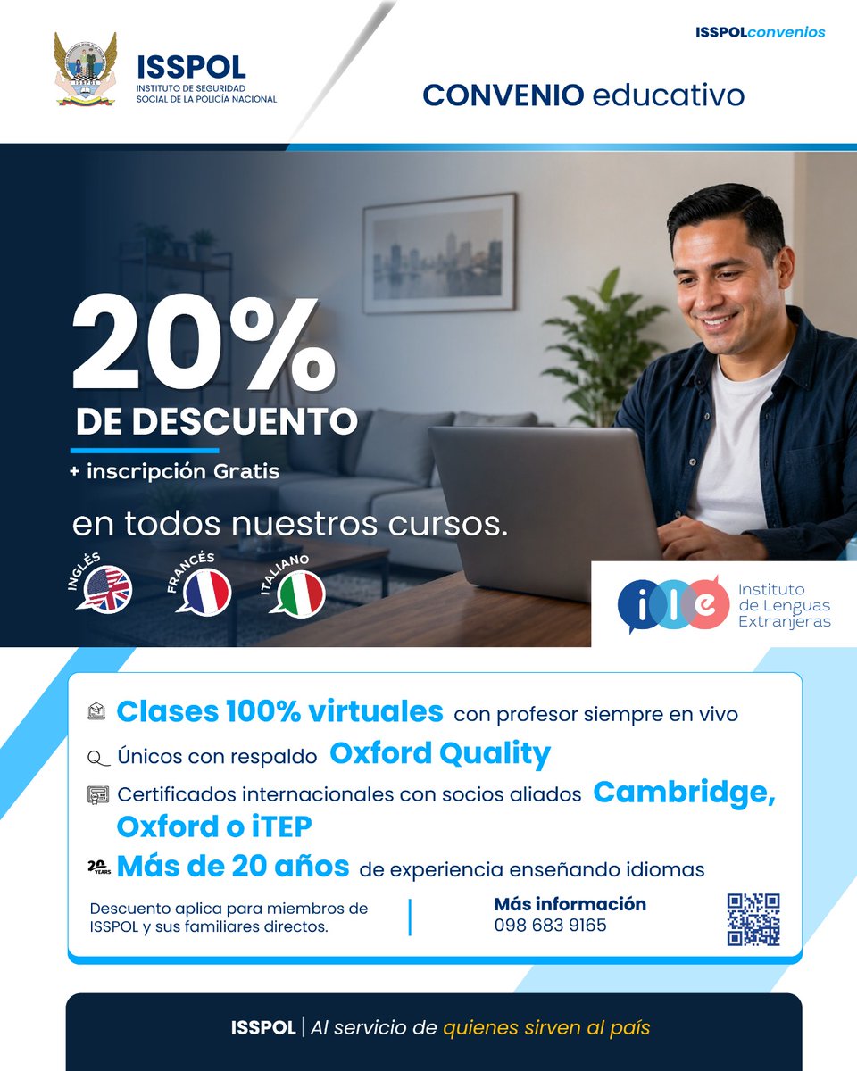 ISSPOL's tweet photo. CONVENIO EDUCATIVO | 🌎

¡Amplía tus oportunidades con un nuevo idioma!

Accede a un 20% de descuento + inscripción gratuita en cursos de inglés, francés e italiano del Instituto de Lenguas Extranjeras ILE.

💻 Modalidad 100% virtual.

📲 Más información ⬇️ https://t.co/F7eDe0rBKs