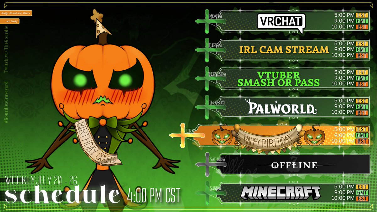 TheGourdie's tweet photo. 🧡STREAM SCHEDULE🧡
🎃20 - 26🎃
Starting off the week with some VRCHAT hangouts, irl cam then a VTUBER smash or pass😳
My Birthday is coming up so fast I'm so excited!!! 🥳
👻General : #TheGourdie
💀Clips : #GourdieClips
🎨Art: #GourdiesGraveyard
🔴Live : #Gourdielive https://t.co/LKuhDAmKcs