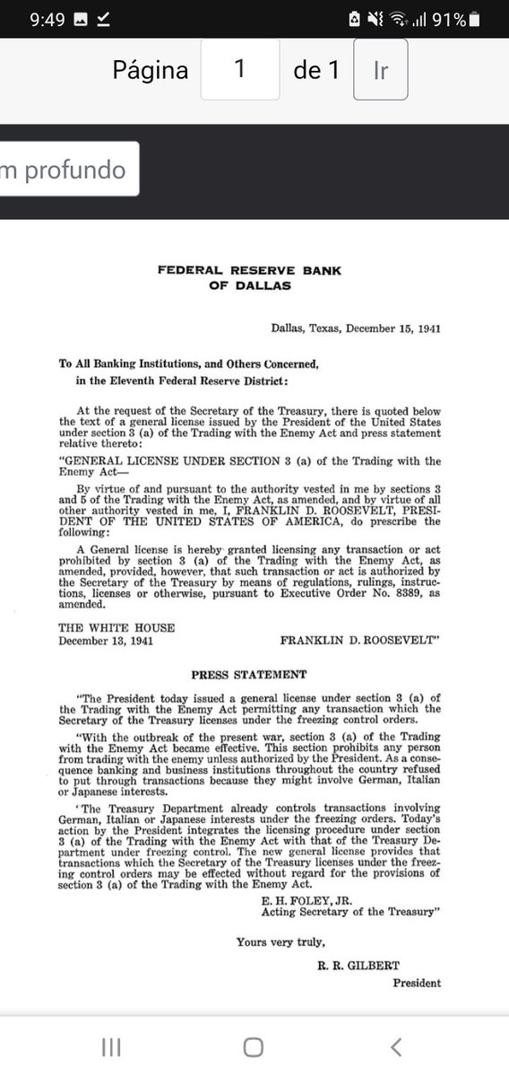 CotzMac's tweet photo. Título: [Licencia general conforme a la Sección 3(A) de la Ley de Comercio con el Enemigo]
Autor: Banco de la Reserva Federal de Dallas
Fecha: 15 de diciembre de 1941. https://t.co/oOwNdPejwH