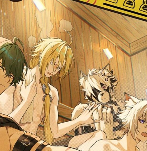 Lycahugofan's tweet photo. I noticed how probably beast thirens can't go to sauna because it is too hot, yet lycaon is there with his whole pants and he is trying to help and care for hugo, there is always 🐺🦇 for those who get it https://t.co/c1oxz1yMHB