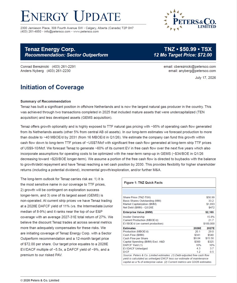 TenazEnergy's tweet photo. Peters &amp; Co initiates coverage of Tenaz Energy with a Sector Outperform recommendation and a $72 target price https://t.co/McpUFdDqPx