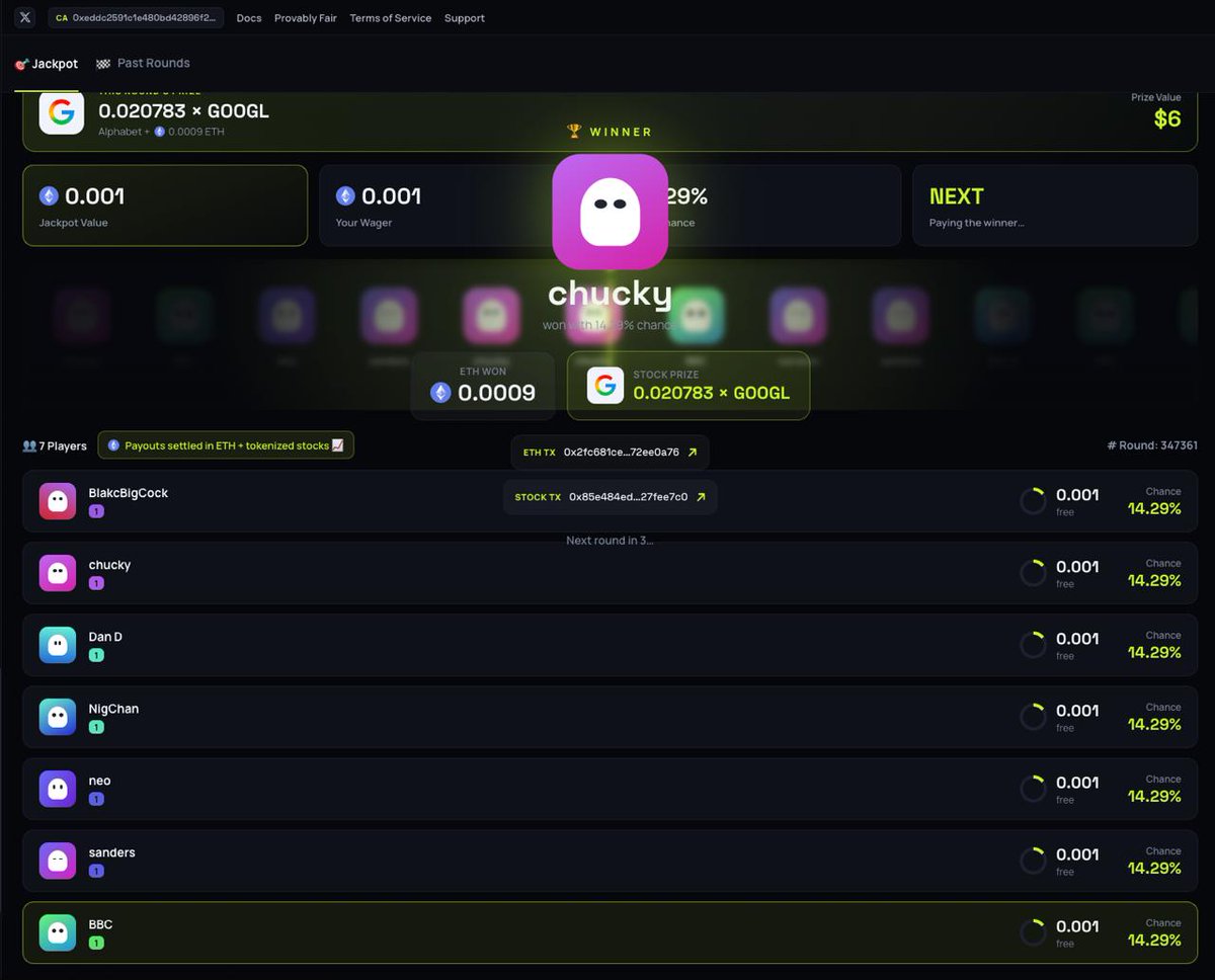 HoodPotX's tweet photo. A total of 7 players played in the last round!

Congratulations to chucky for winning $7.61 of $GOOGL. https://t.co/n2P1vOwMCO